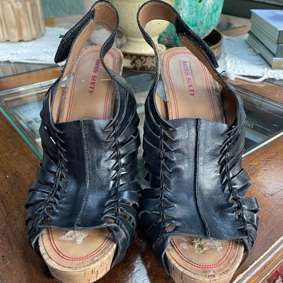 Miss Sixty black leather caged 4.5” cork cone-shaped heels, size 9, orig. $158- - Picture 2 of 6